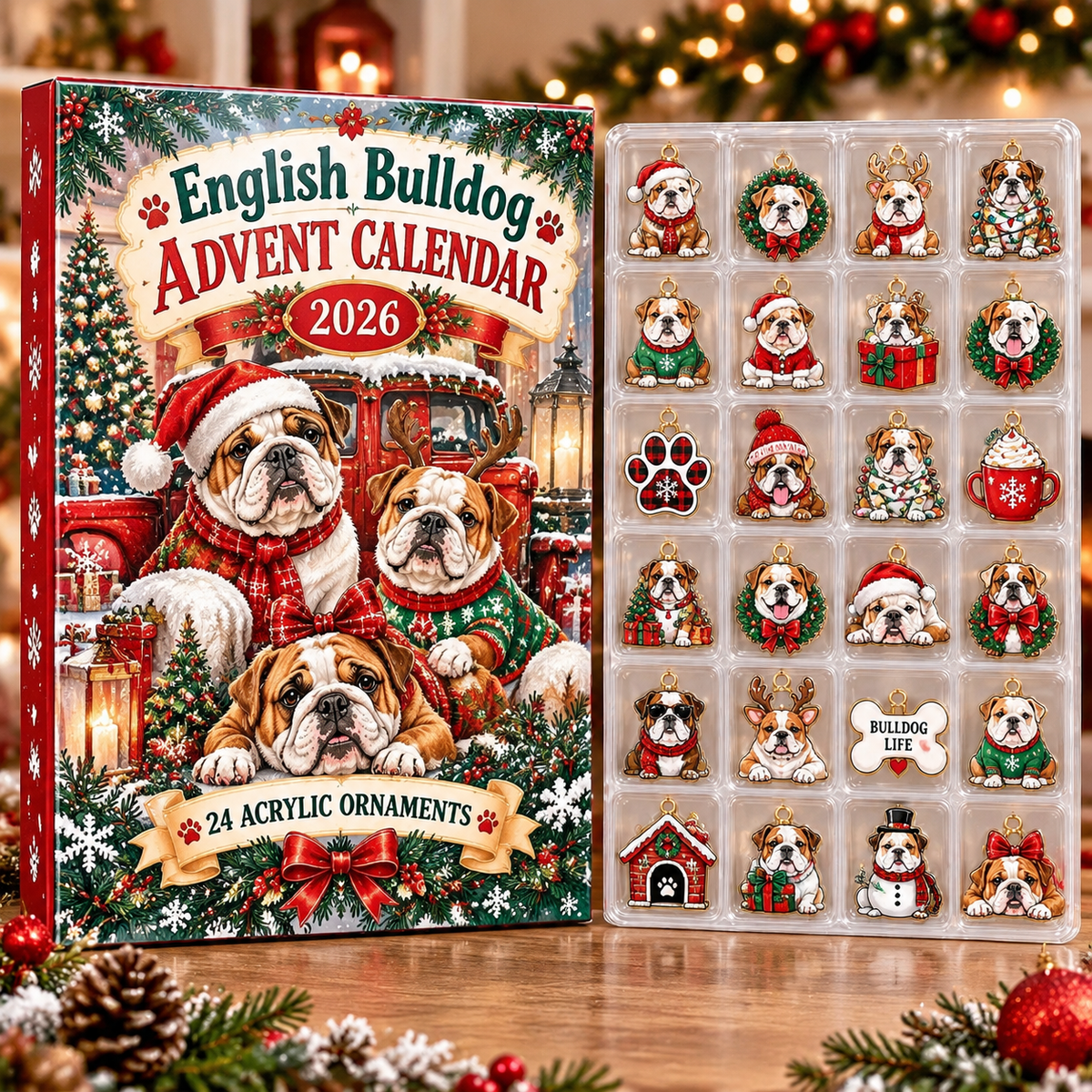 English Bulldog HG AI Advent Calendar  2026, 24 Acrylic Ornaments, Christmas Countdown Blind Box Gift for Dog Lovers