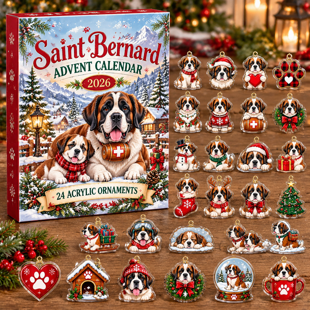 Saint Bernard HG AI Advent Calendar  2026, 24 Acrylic Ornaments, Christmas Countdown Blind Box Gift for Dog Lovers