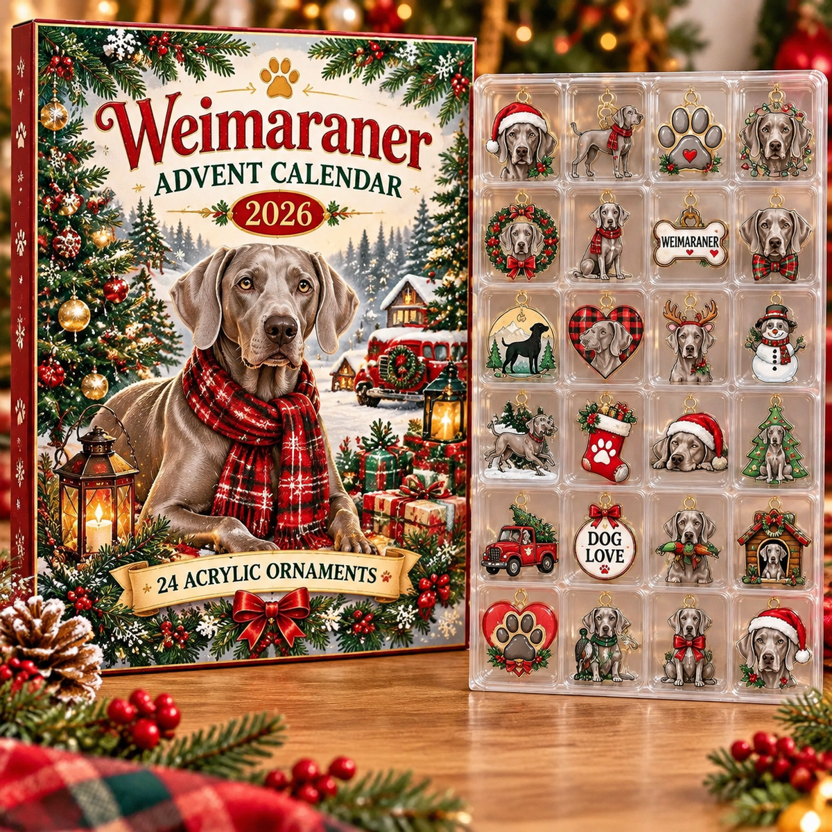 Weimaraner HG AI Advent Calendar , 24 Acrylic Ornaments, 2026 Christmas Countdown Holiday Gift