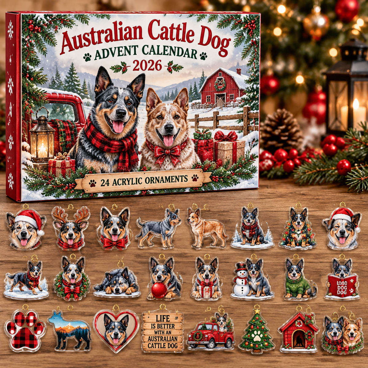 Australian Cattle Dog HG AI Advent Calendar , 24 Acrylic Ornaments, 2026 Christmas Countdown Holiday Gift