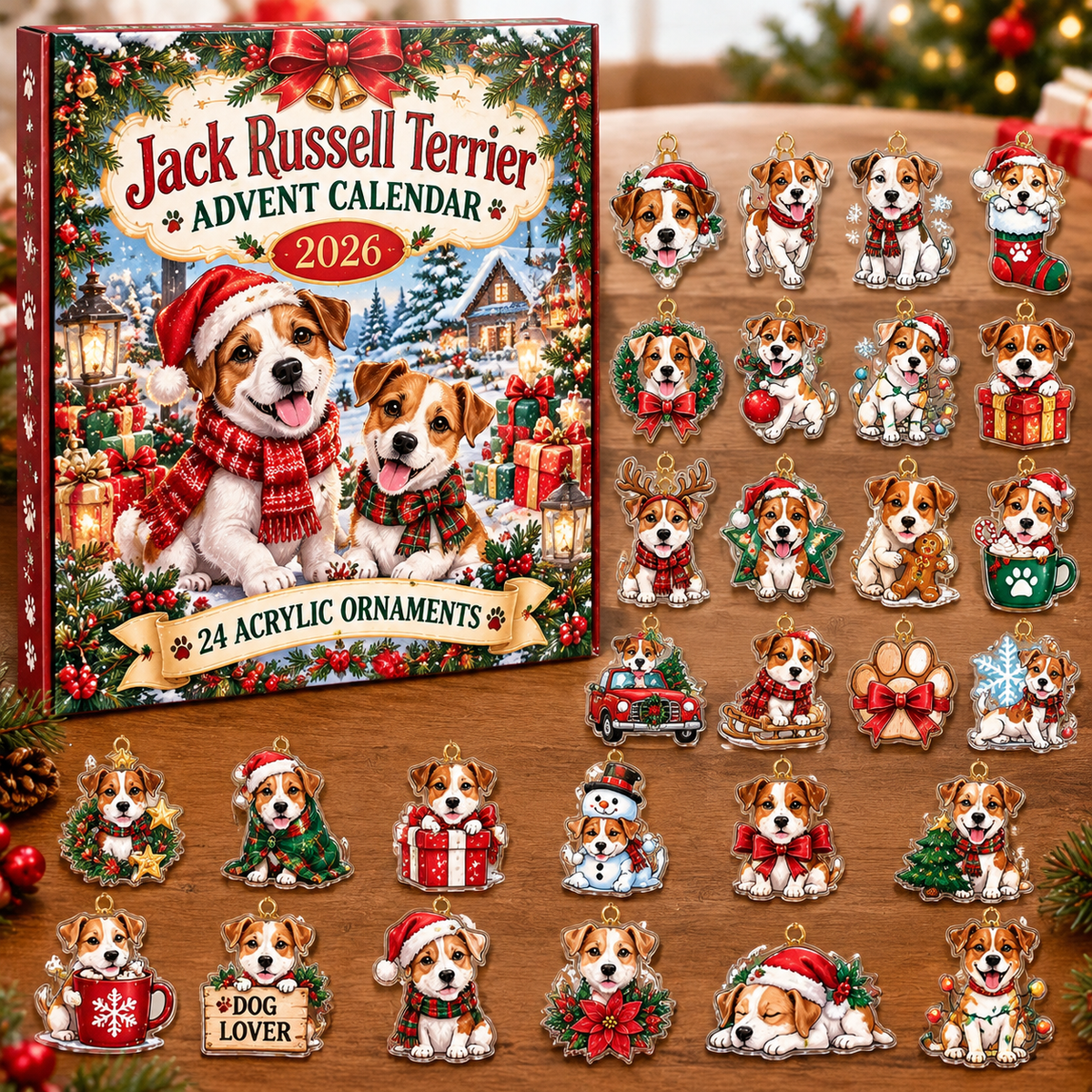 Jack Russell Terrier HG AI Advent Calendar , 24 Acrylic Ornaments, 2026 Christmas Countdown Holiday Gift