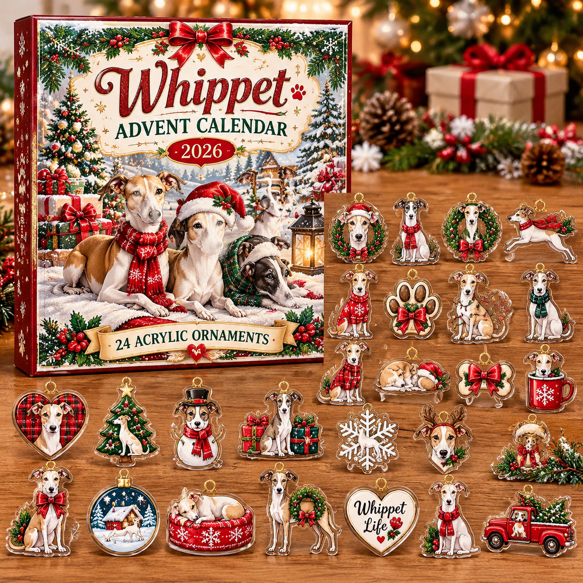 Whippet HG AI Advent Calendar , 24 Acrylic Ornaments, 2026 Christmas Countdown Holiday Gift