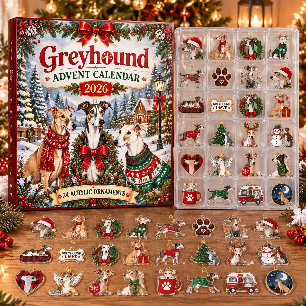 Greyhound HG AI Advent Calendar , 24 Acrylic Ornaments, 2026 Christmas Countdown Holiday Gift