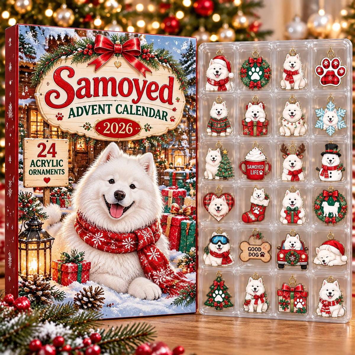 Samoyed HG AI Advent Calendar , 24 Acrylic Ornaments, 2026 Christmas Countdown Holiday Gift