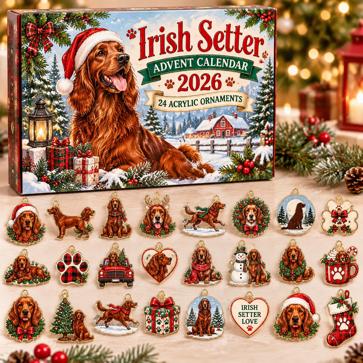 Irish Setter HG AI Advent Calendar , 24 Acrylic Ornaments, 2026 Christmas Countdown Holiday Gift