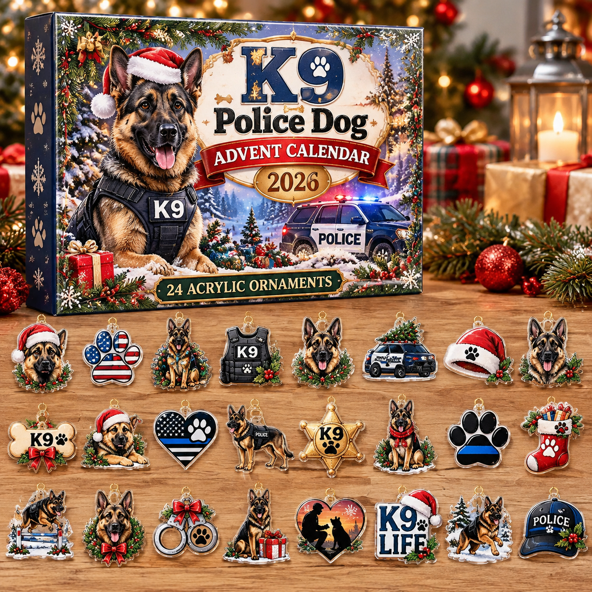 K9 Police Dog HG AI Advent Calendar , 24 Acrylic Ornaments, 2026 Christmas Countdown Holiday Gift