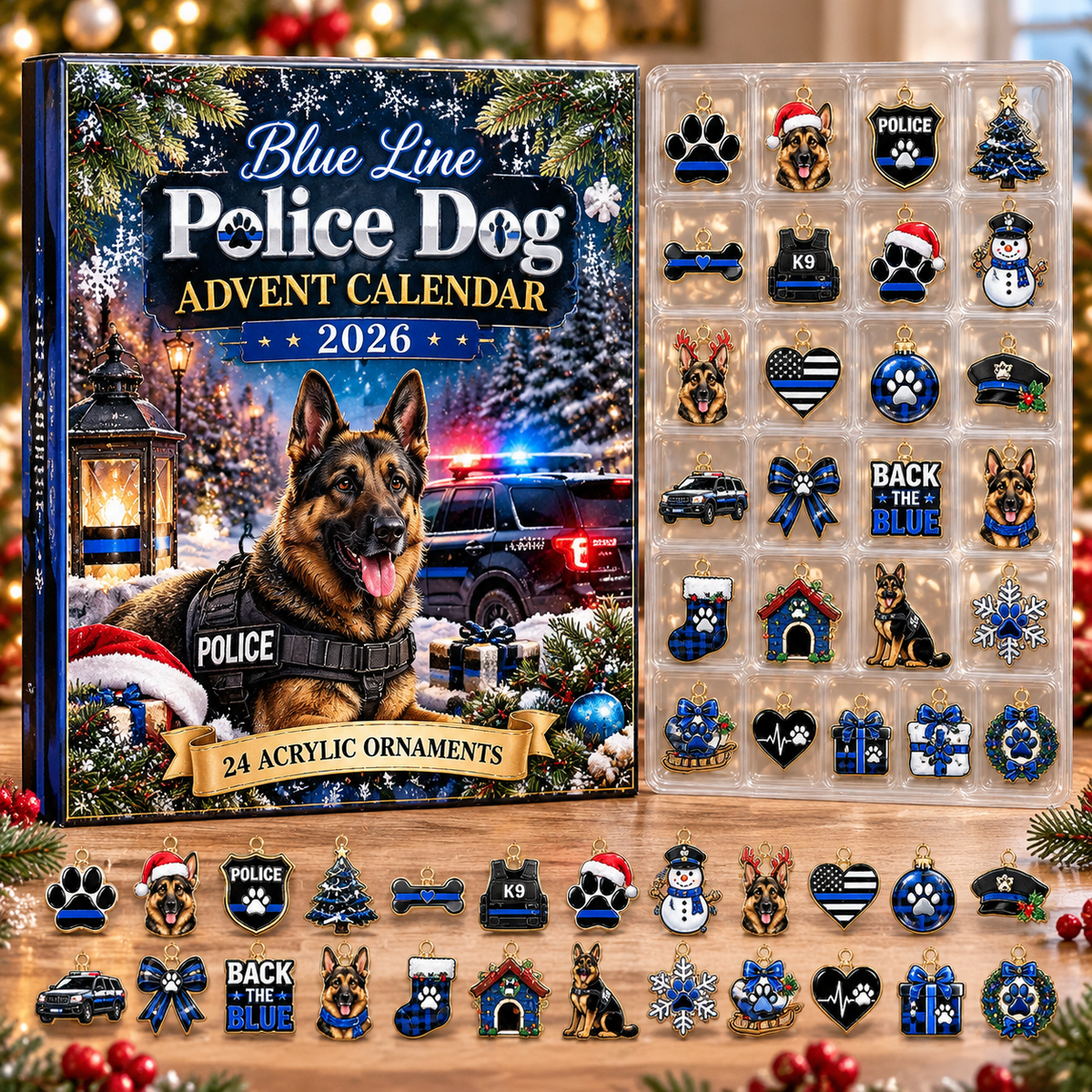 Blue Line Police Dog HG AI Advent Calendar , 24 Acrylic Ornaments, 2026 Christmas Countdown Holiday Gift