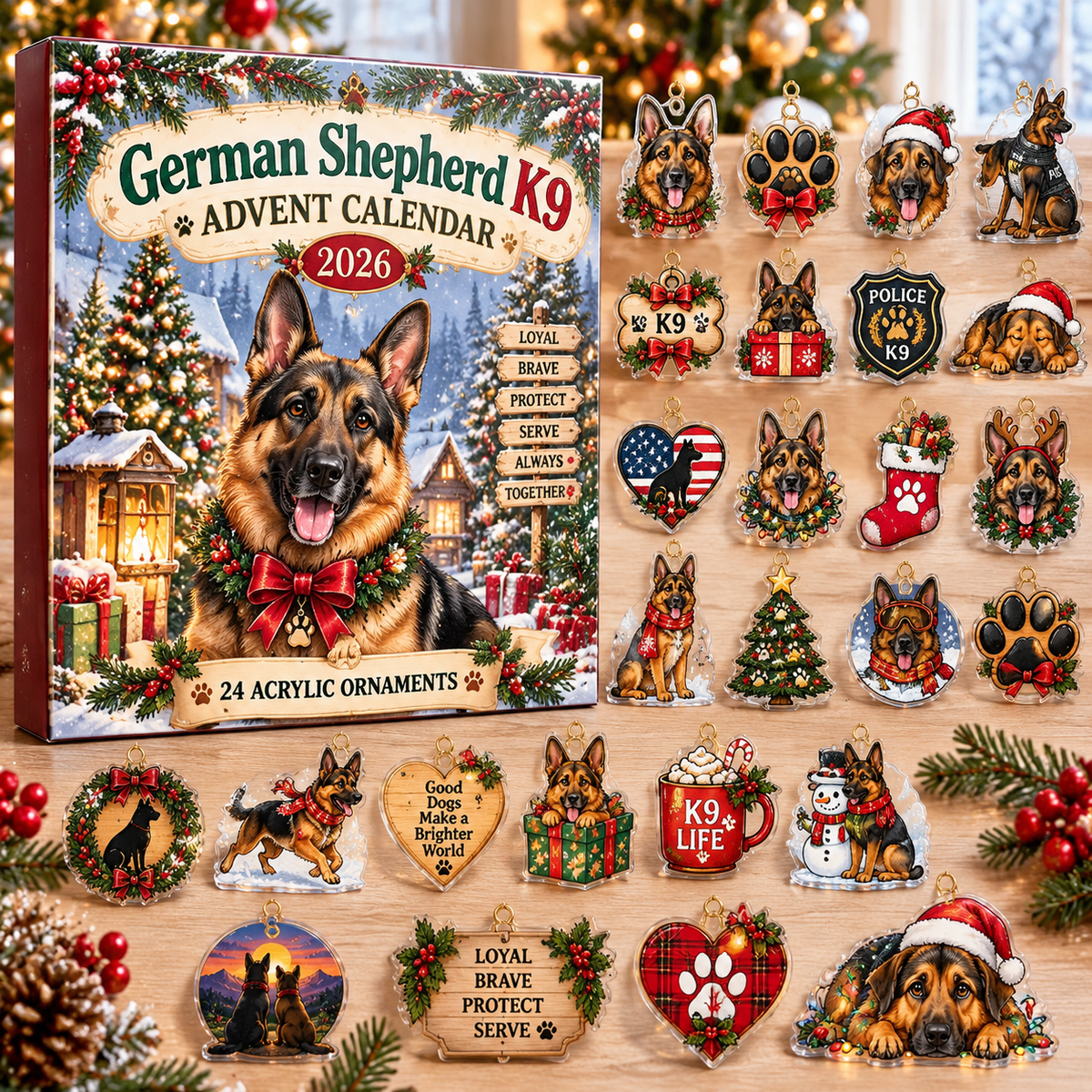 German Shepherd K9 HG AI Advent Calendar , 24 Acrylic Ornaments, 2026 Christmas Countdown Holiday Gift