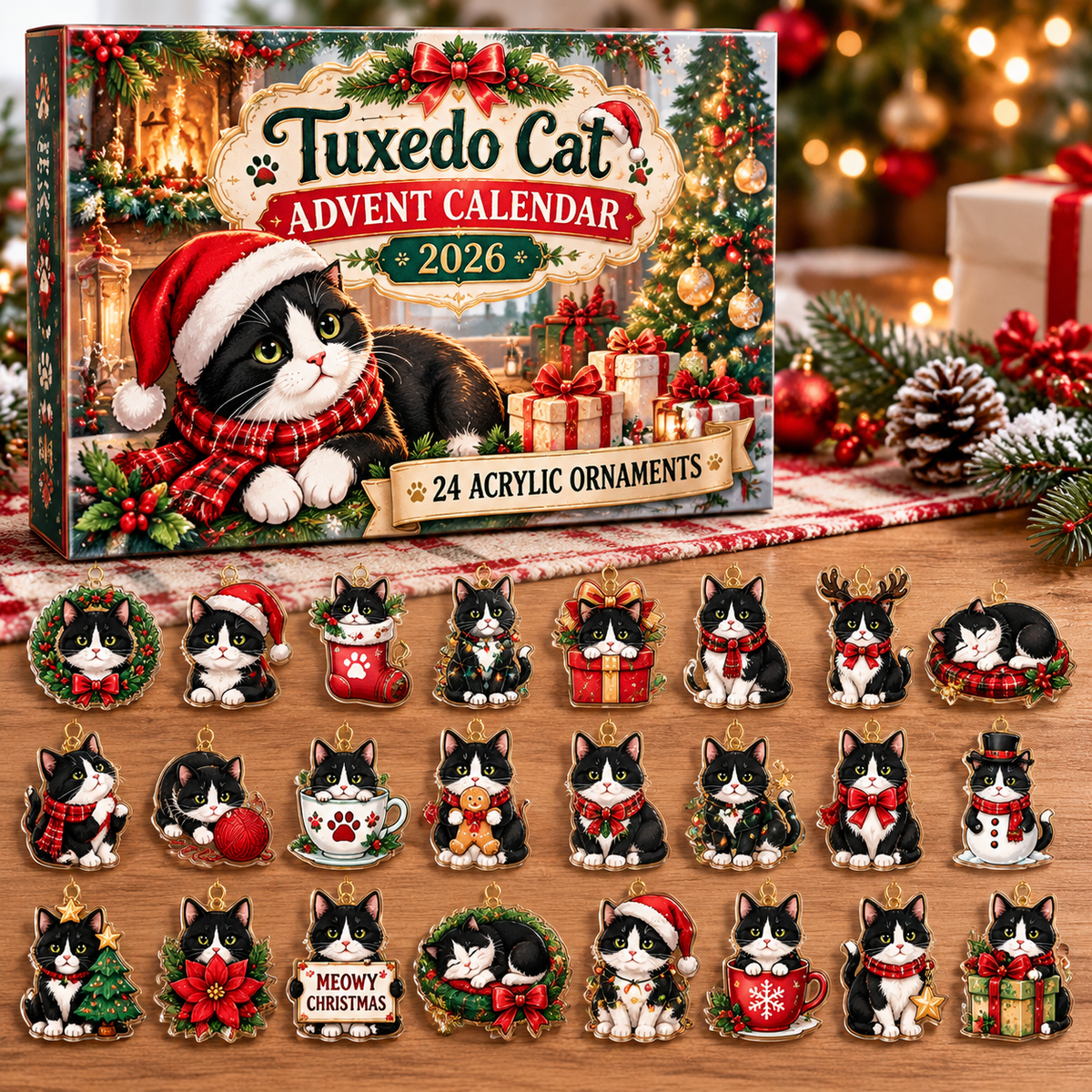 Tuxedo Cat HG AI Advent Calendar  2026, 24 Acrylic Ornaments, Christmas Countdown Blind Box Holiday Gift for Pet Moms