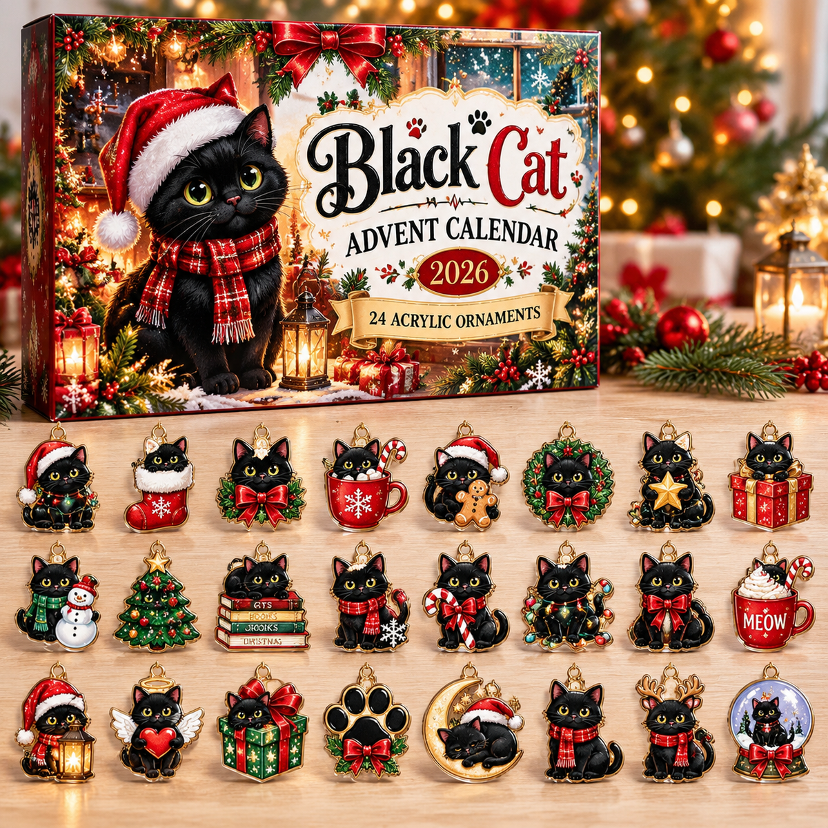 Black Cat HG AI Advent Calendar  2026, 24 Acrylic Ornaments, Christmas Countdown Blind Box Holiday Gift for Pet Moms