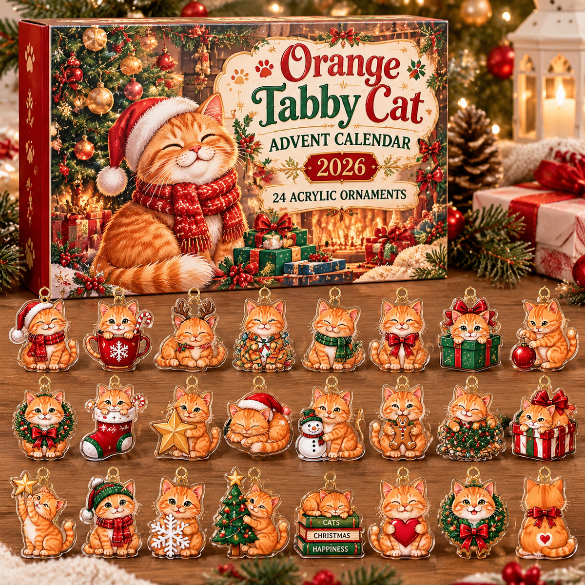 Orange Tabby Cat HG AI Advent Calendar  2026, 24 Acrylic Ornaments, Christmas Countdown Blind Box Holiday Gift for Pet Moms