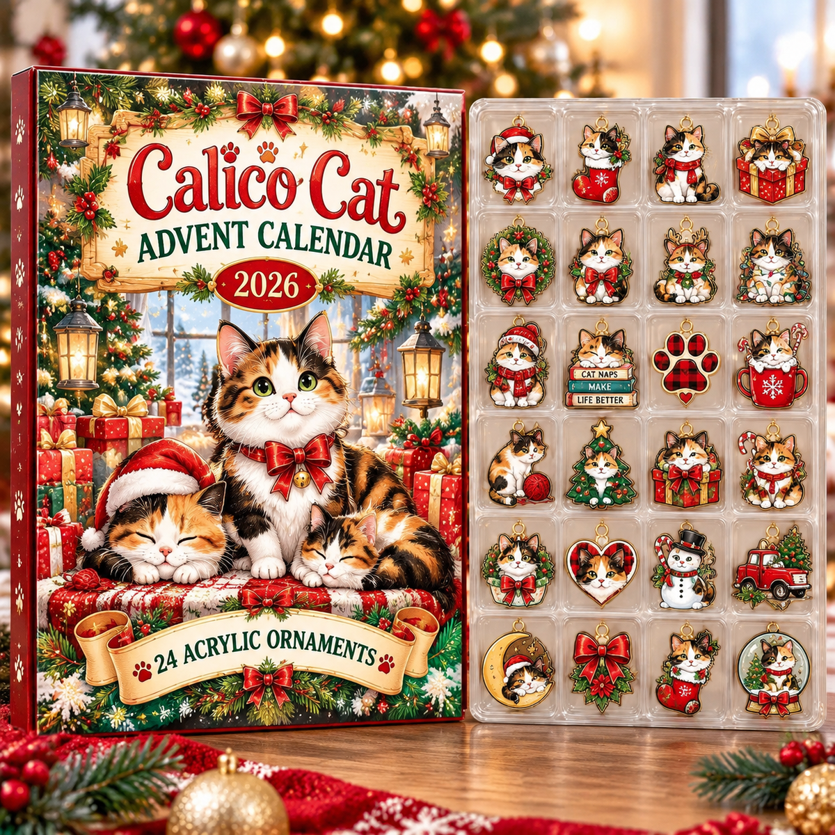 Calico Cat HG AI Advent Calendar  2026, 24 Acrylic Ornaments, Christmas Countdown Blind Box Holiday Gift for Pet Moms