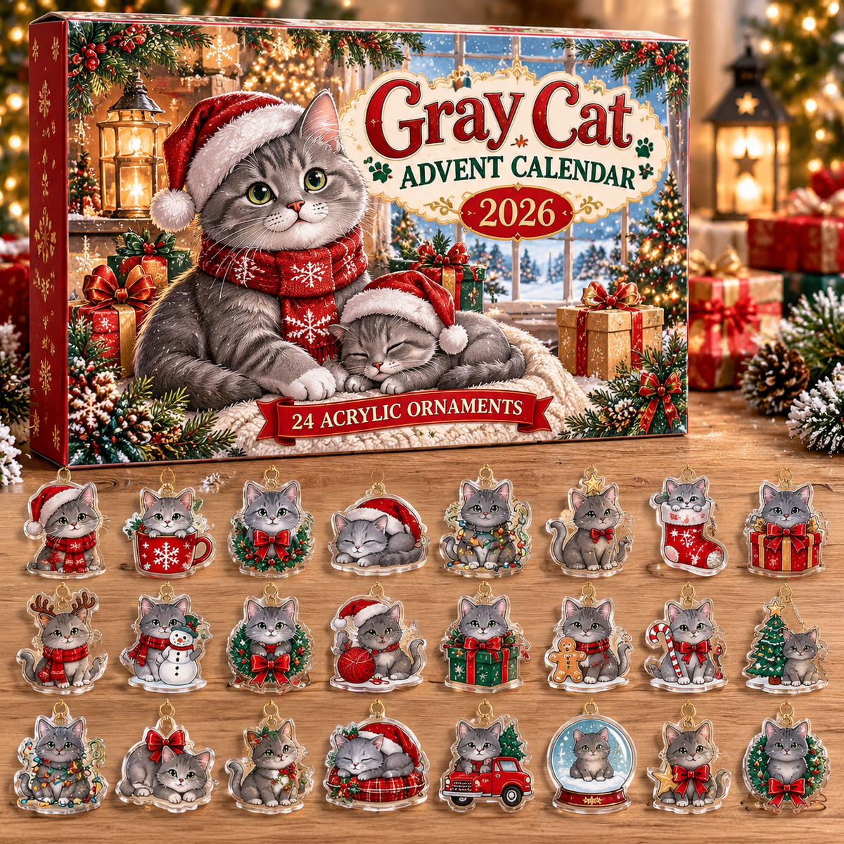 Gray Cat HG AI Advent Calendar  2026, 24 Acrylic Ornaments, Christmas Countdown Blind Box Holiday Gift for Pet Moms