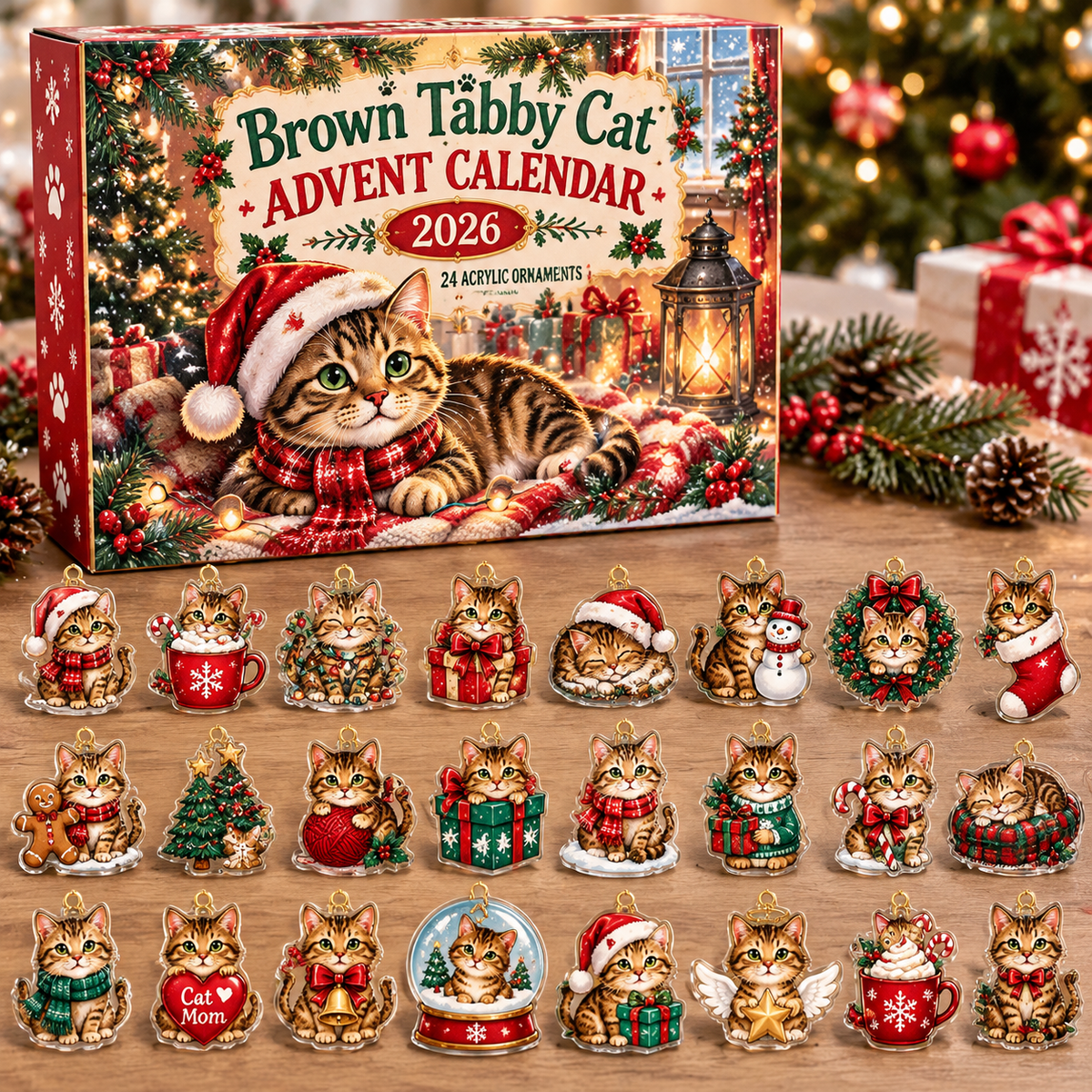 Brown Tabby Cat HG AI Advent Calendar  2026, 24 Acrylic Ornaments, Christmas Countdown Blind Box Holiday Gift for Pet Moms