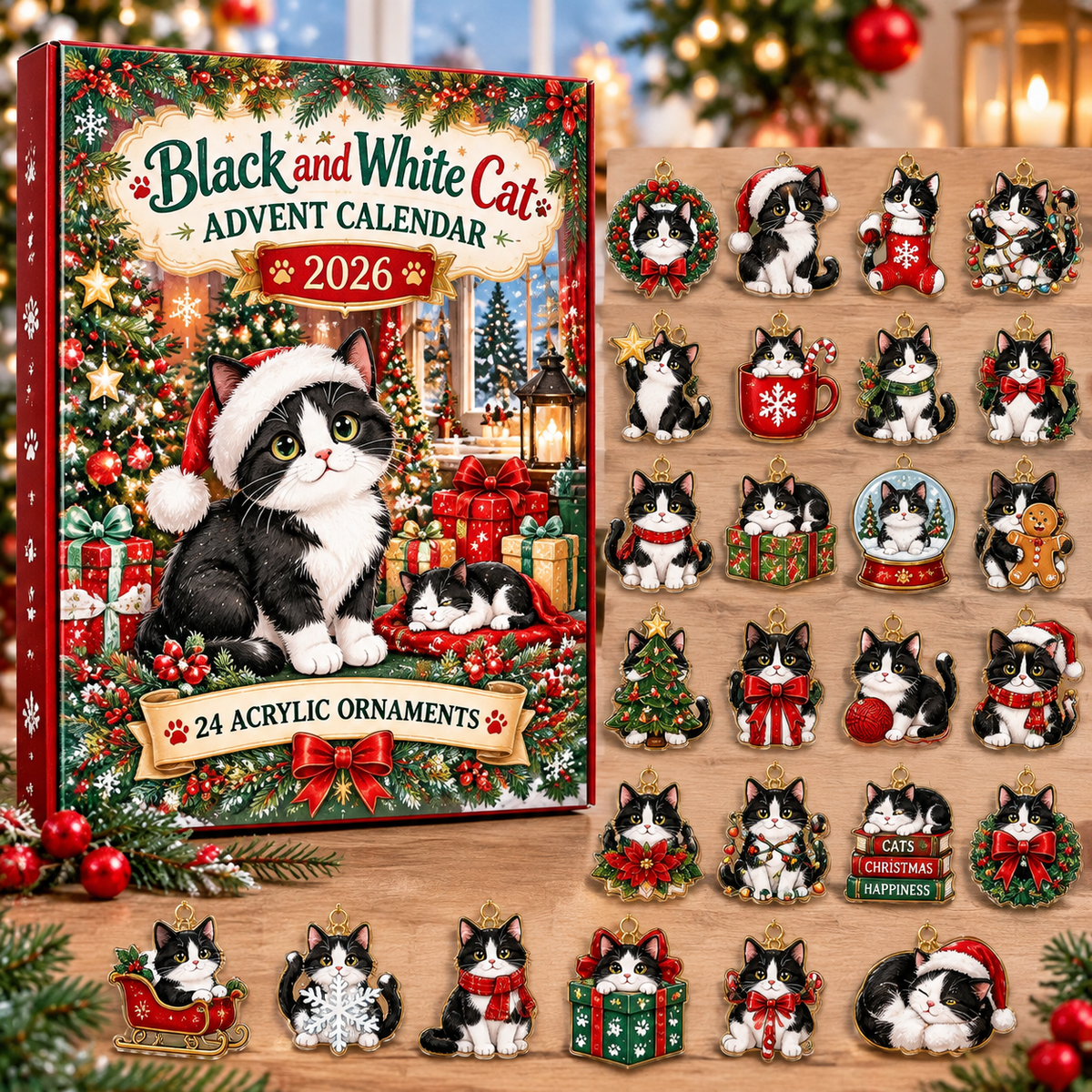 Black and White Cat HG AI Advent Calendar  2026, 24 Acrylic Ornaments, Christmas Countdown Blind Box Holiday Gift for Pet Moms