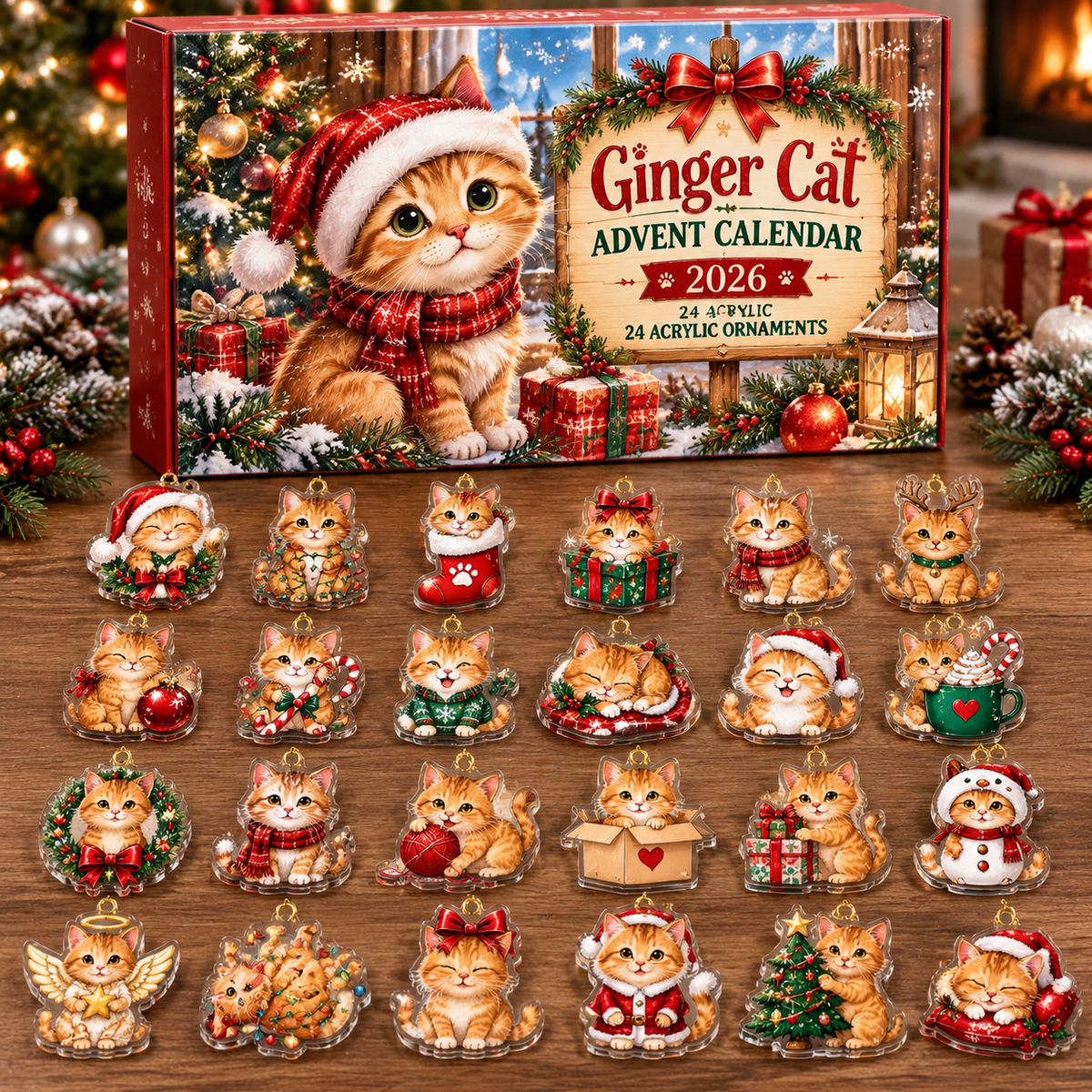 Ginger Cat HG AI Advent Calendar  2026, 24 Acrylic Ornaments, Christmas Countdown Blind Box Holiday Gift for Pet Moms