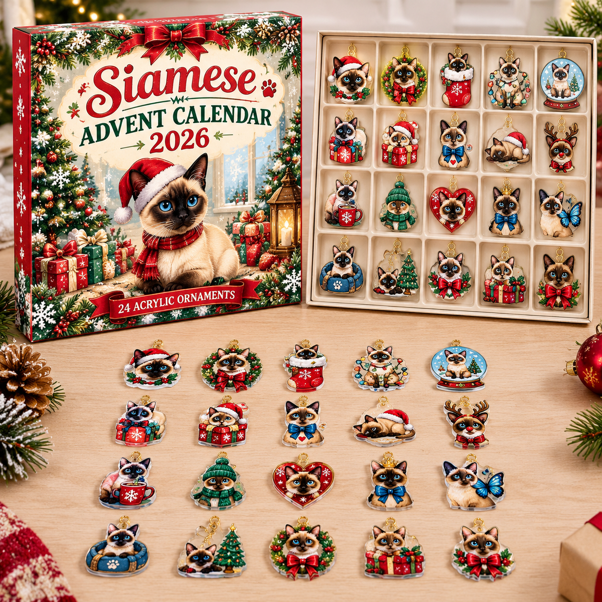 Siamese HG AI Advent Calendar  2026, 24 Acrylic Ornaments, Christmas Countdown Blind Box Holiday Gift for Cat Lovers