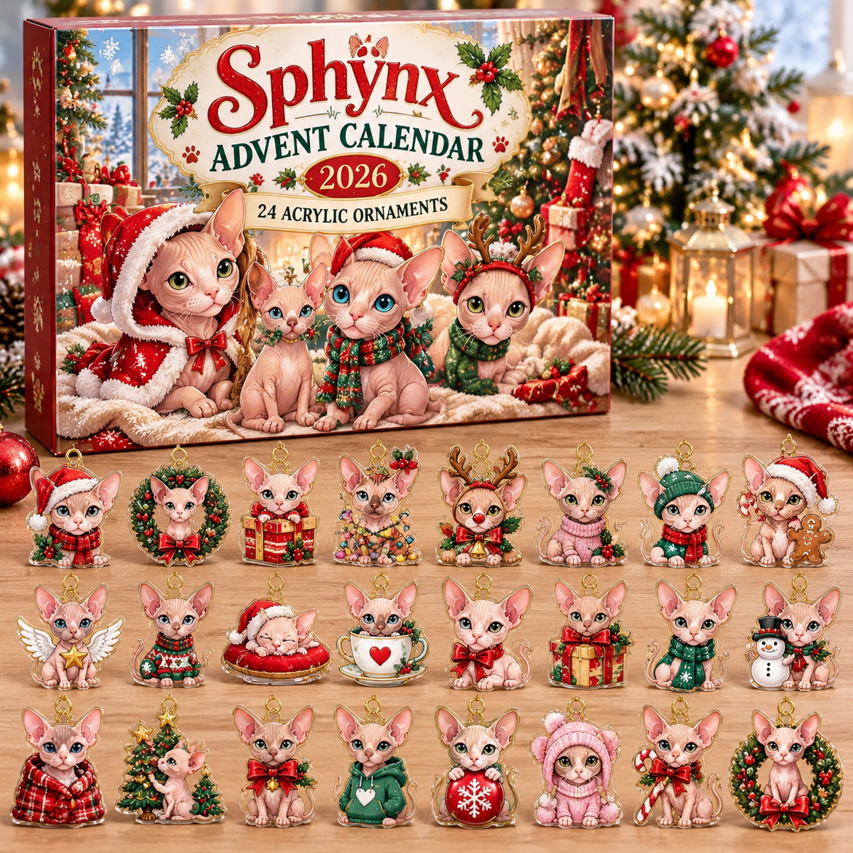 Sphynx HG AI Advent Calendar  2026, 24 Acrylic Ornaments, Christmas Countdown Blind Box Holiday Gift for Cat Moms