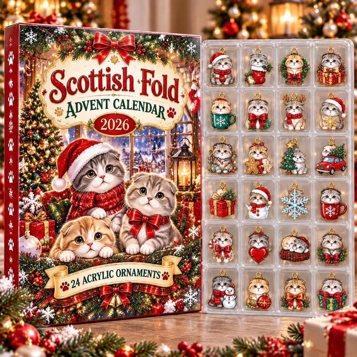 Scottish Fold HG AI Advent Calendar  2026, 24 Acrylic Ornaments, Christmas Countdown Blind Box Holiday Gift for Cat Moms