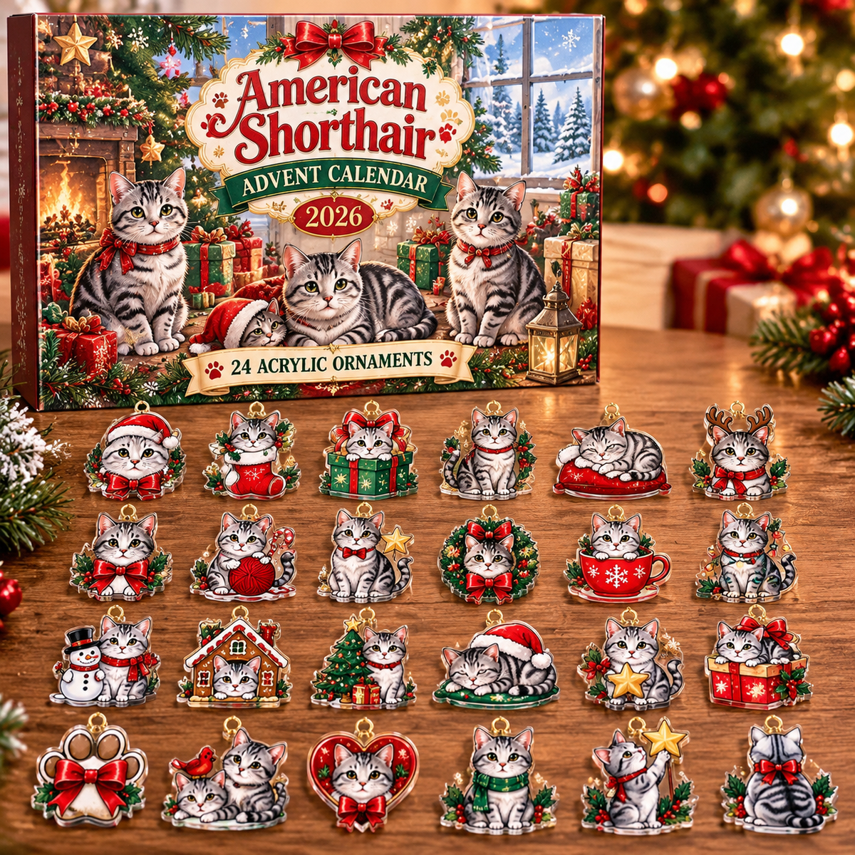 American Shorthair HG AI Advent Calendar  2026, 24 Acrylic Ornaments, Christmas Countdown Blind Box Holiday Gift for Cat Moms