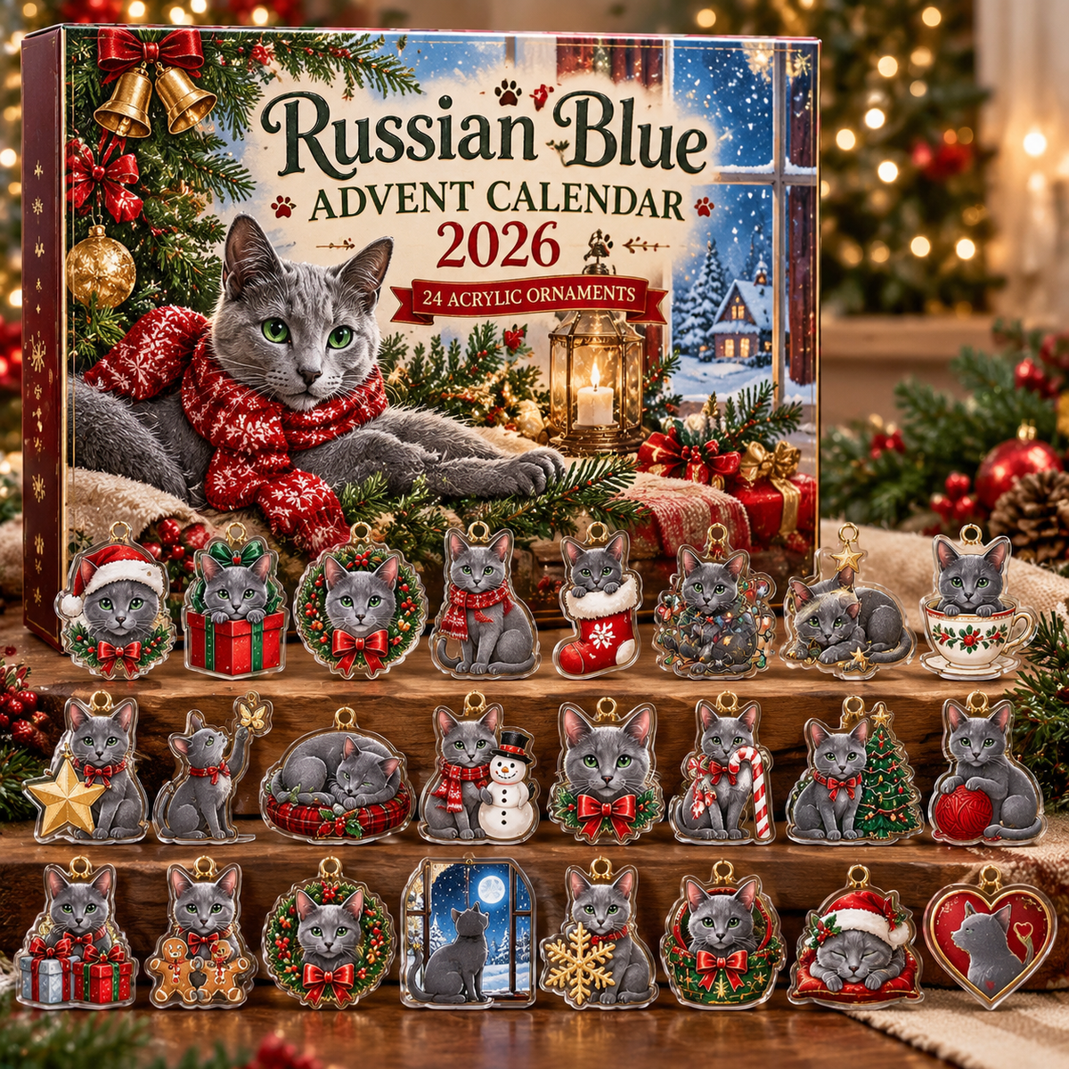 Russian Blue Cat HG AI Advent Calendar  2026, 24 Acrylic Ornaments, Christmas Countdown Blind Box Holiday Gift for Cat Moms