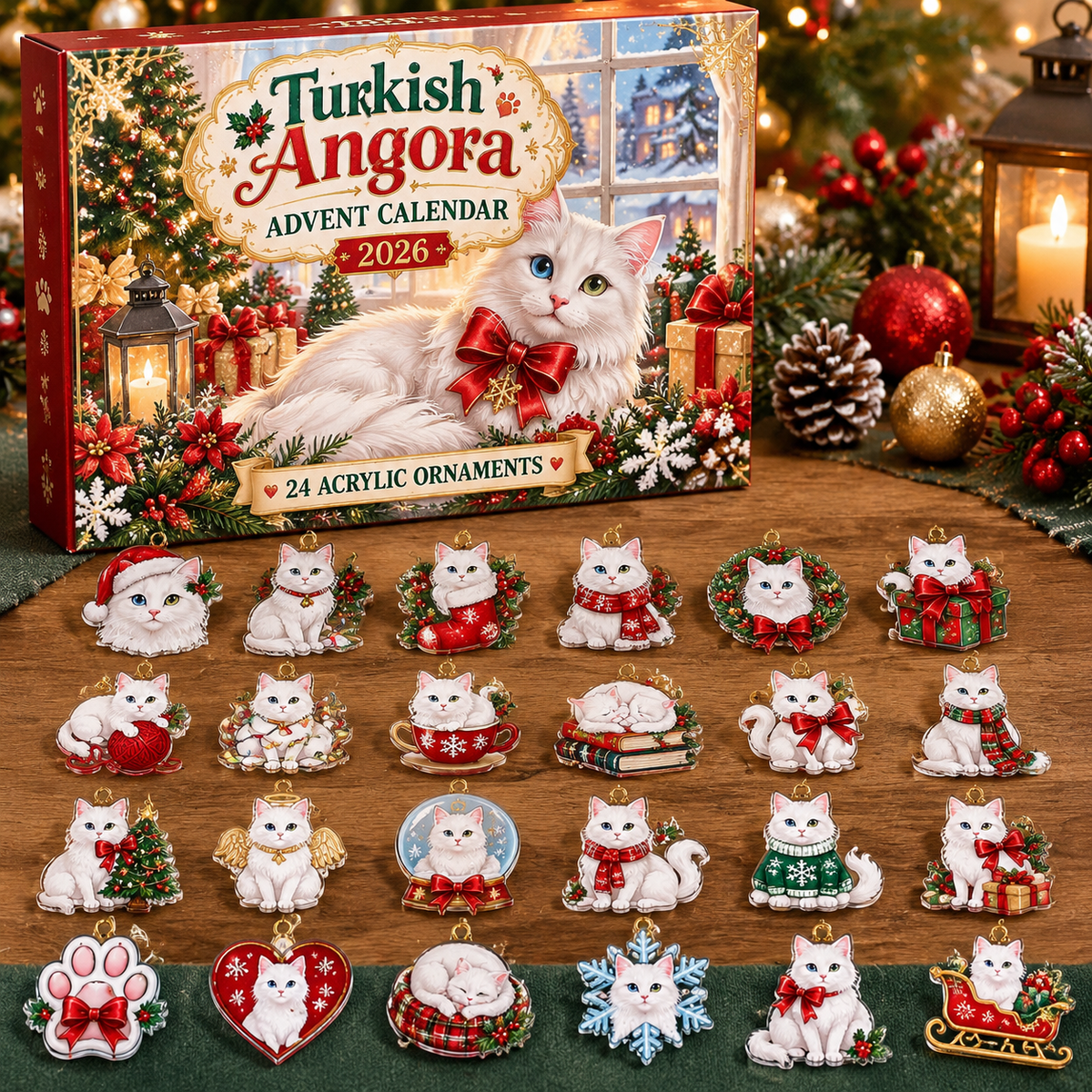 Turkish Angora HG AI Advent Calendar  2026, 24 Acrylic Ornaments, Christmas Countdown Blind Box Holiday Gift for Cat Moms