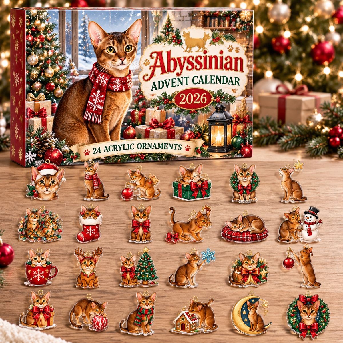 Abyssinian HG AI Advent Calendar  2026, 24 Acrylic Ornaments, Christmas Countdown Blind Box Holiday Gift for Cat Moms