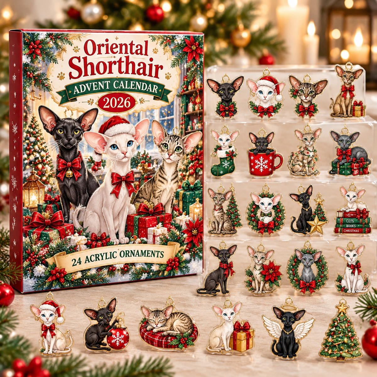 Oriental Shorthair HG AI Advent Calendar  2026, 24 Acrylic Ornaments, Christmas Countdown Blind Box Holiday Gift for Cat Moms