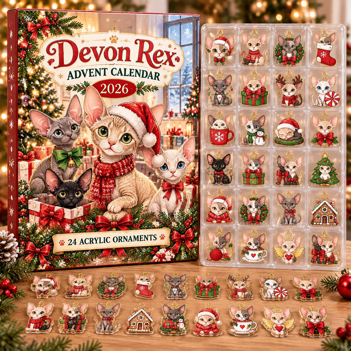 Devon Rex HG AI Advent Calendar  2026, 24 Acrylic Ornaments, Christmas Countdown Blind Box Holiday Gift for Cat Moms