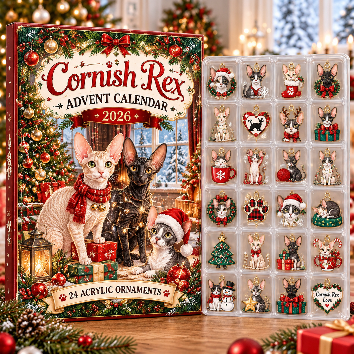 Cornish Rex HG AI Advent Calendar  2026, 24 Acrylic Ornaments, Christmas Countdown Blind Box Holiday Gift for Cat Moms