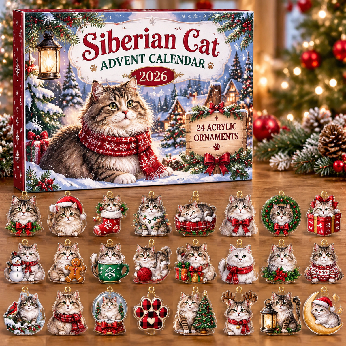 Siberian Cat HG AI Advent Calendar  2026, 24 Acrylic Ornaments, Christmas Countdown Blind Box Holiday Gift for Pet Lovers