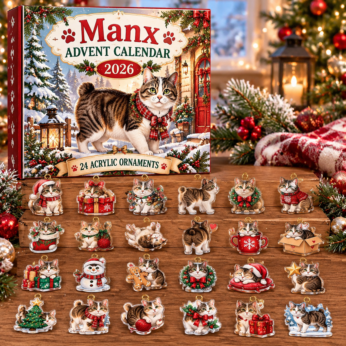 Manx HG AI Advent Calendar  2026, 24 Acrylic Ornaments, Christmas Countdown Blind Box Holiday Gift for Cat Moms