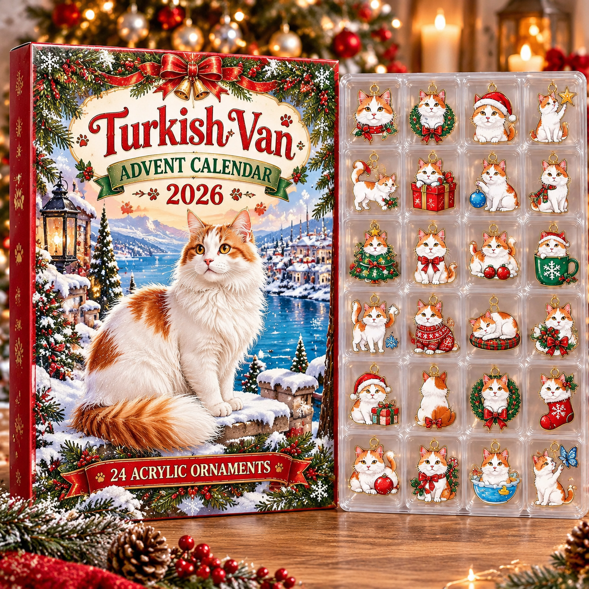 Turkish Van HG AI Advent Calendar  2026, 24 Acrylic Ornaments, Christmas Countdown Blind Box Gift for Cat Lovers