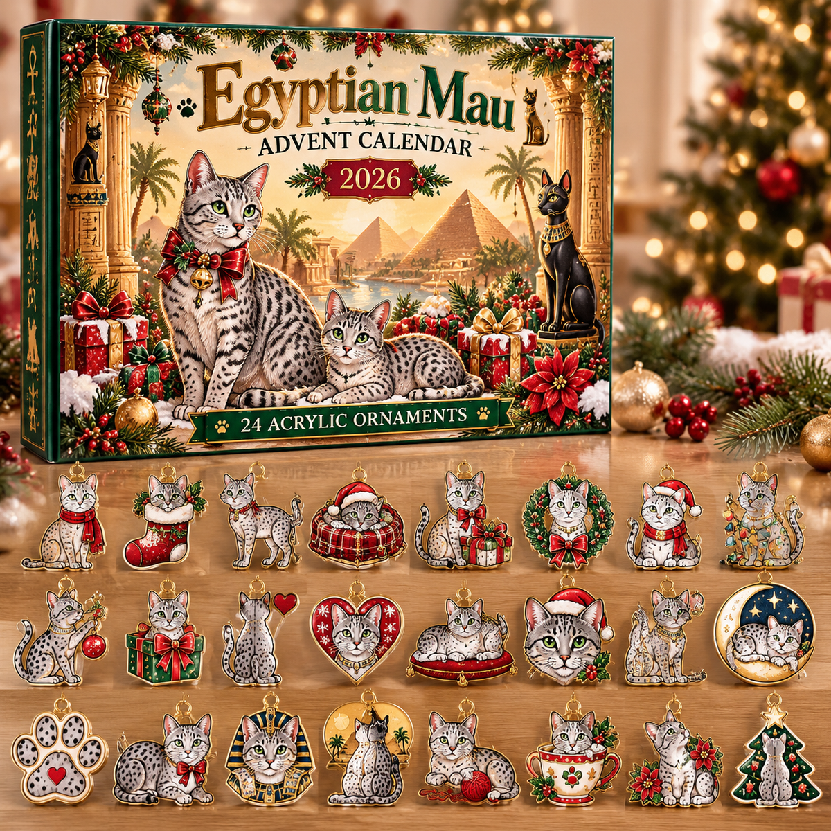 Egyptian Mau HG AI Advent Calendar  2026, 24 Acrylic Ornaments, Christmas Countdown Blind Box Gift for Cat Moms