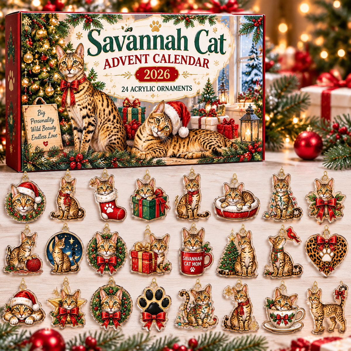 Savannah Cat HG AI Advent Calendar  2026, 24 Acrylic Ornaments, Christmas Countdown Blind Box Gift for Animal Lovers