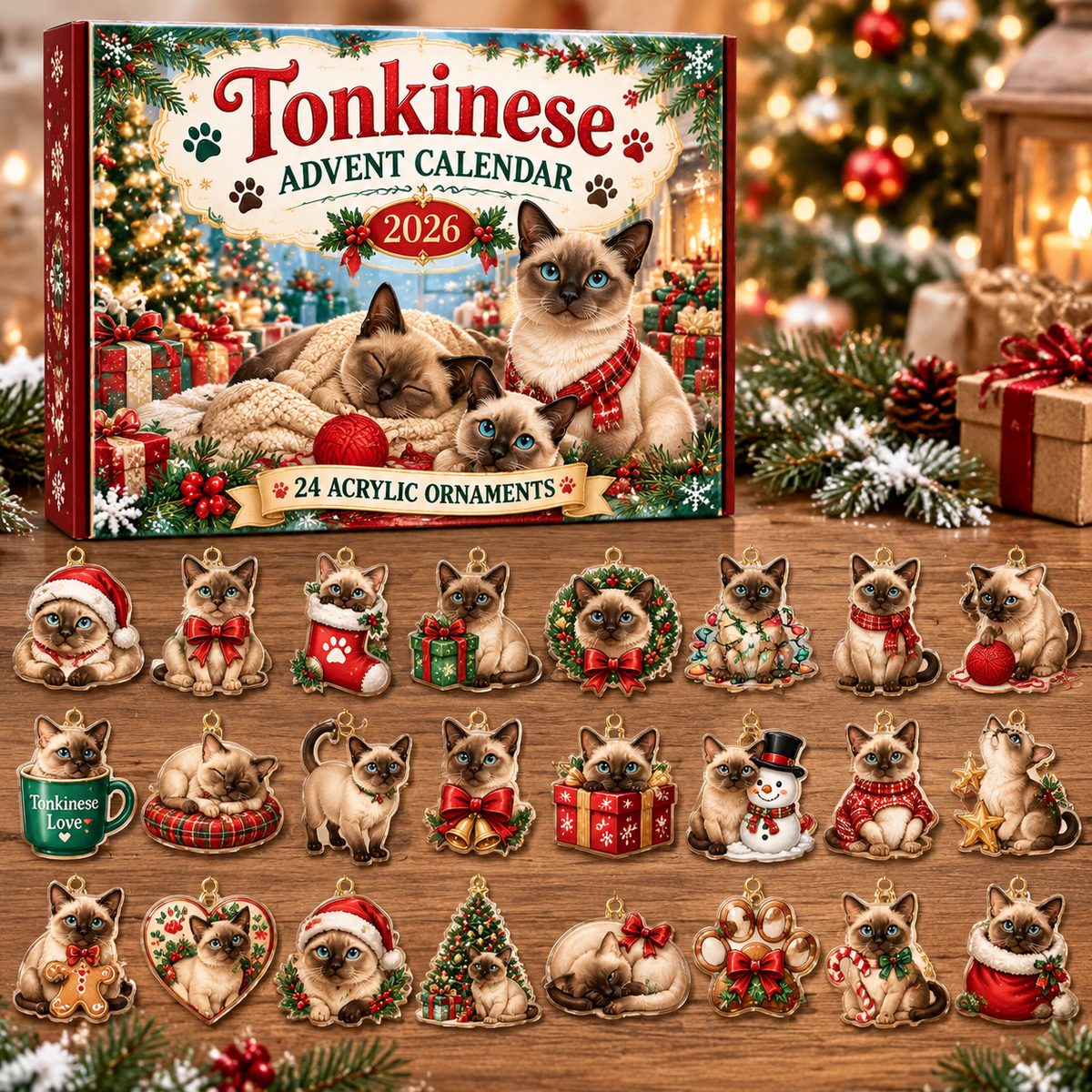 Tonkinese HG AI Advent Calendar  2026, 24 Acrylic Ornaments, Christmas Countdown Blind Box Gift for Cat Lovers
