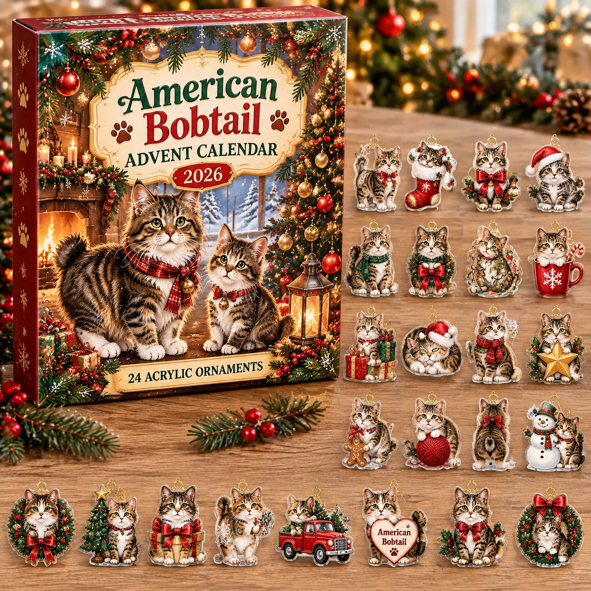 American Bobtail HG AI Advent Calendar  2026, 24 Acrylic Ornaments, Christmas Countdown Blind Box Gift for Cat Moms