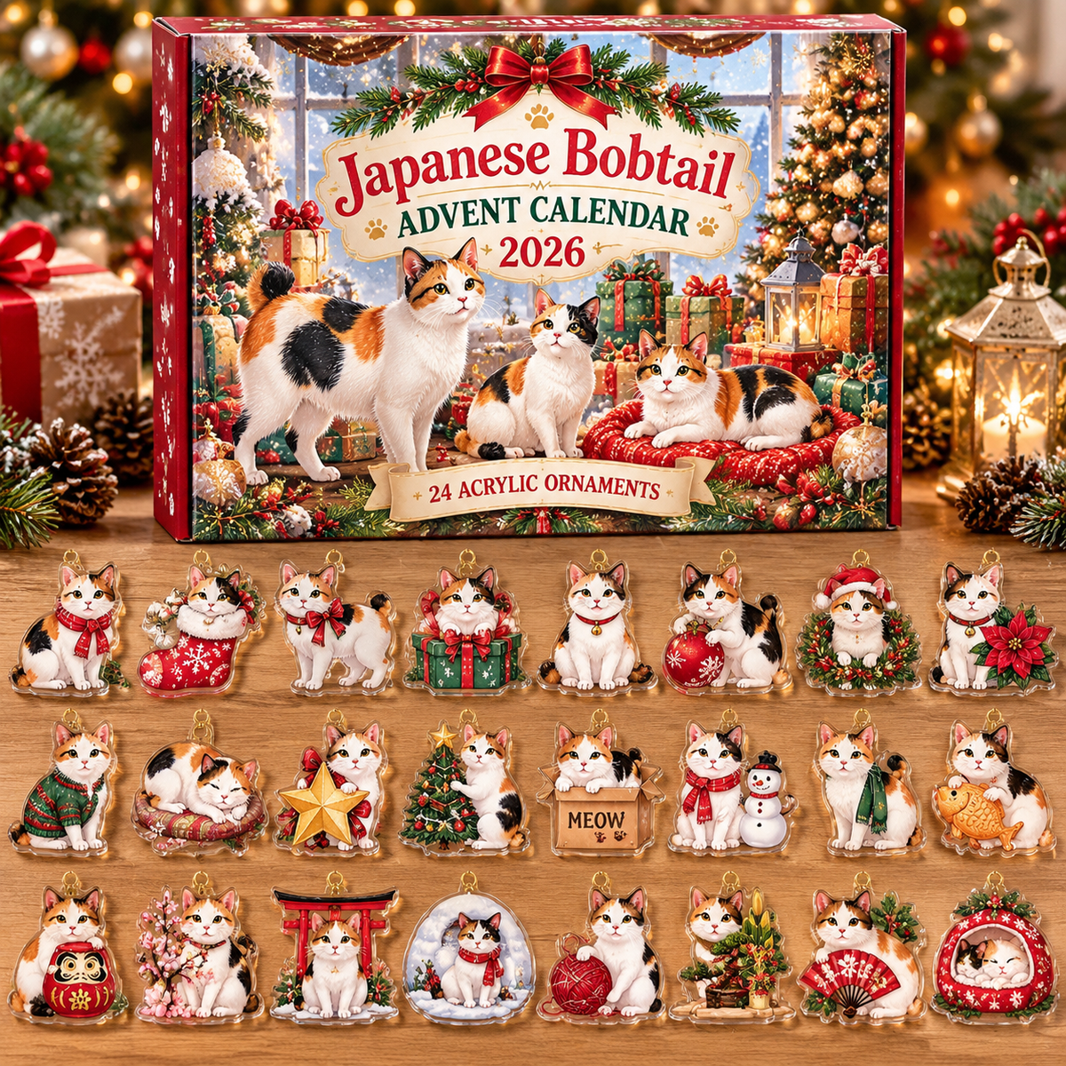 Japanese Bobtail HG AI Advent Calendar  2026, 24 Acrylic Ornaments, Christmas Countdown Blind Box Gift for Cat Lovers