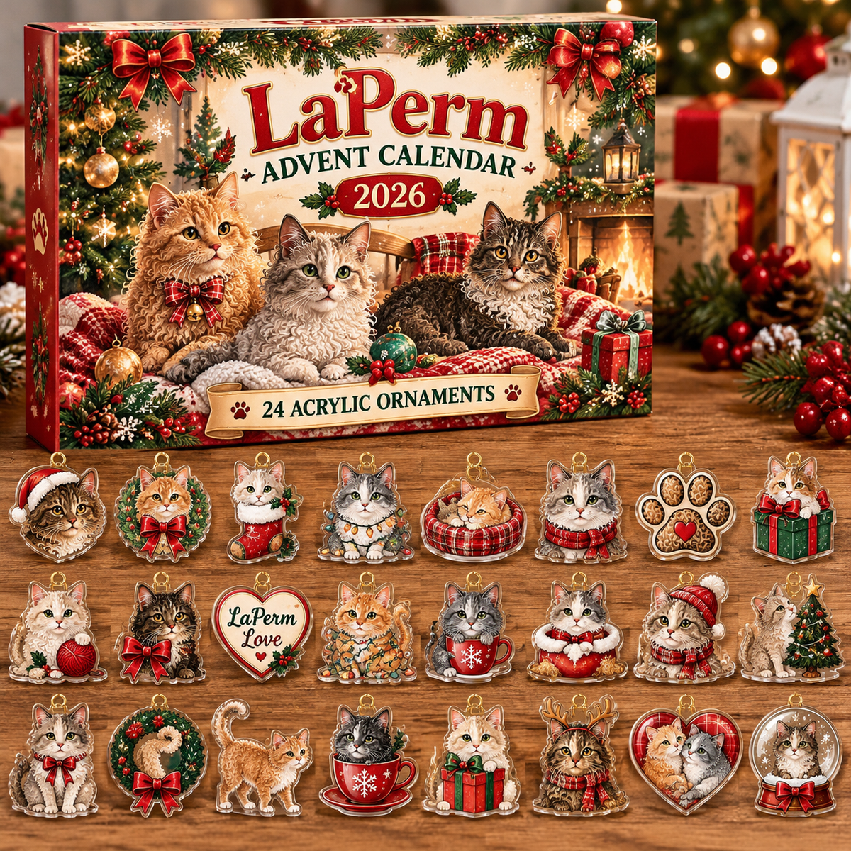 LaPerm HG AI Advent Calendar  2026, 24 Acrylic Ornaments, Christmas Countdown Blind Box Gift for Cat Lovers