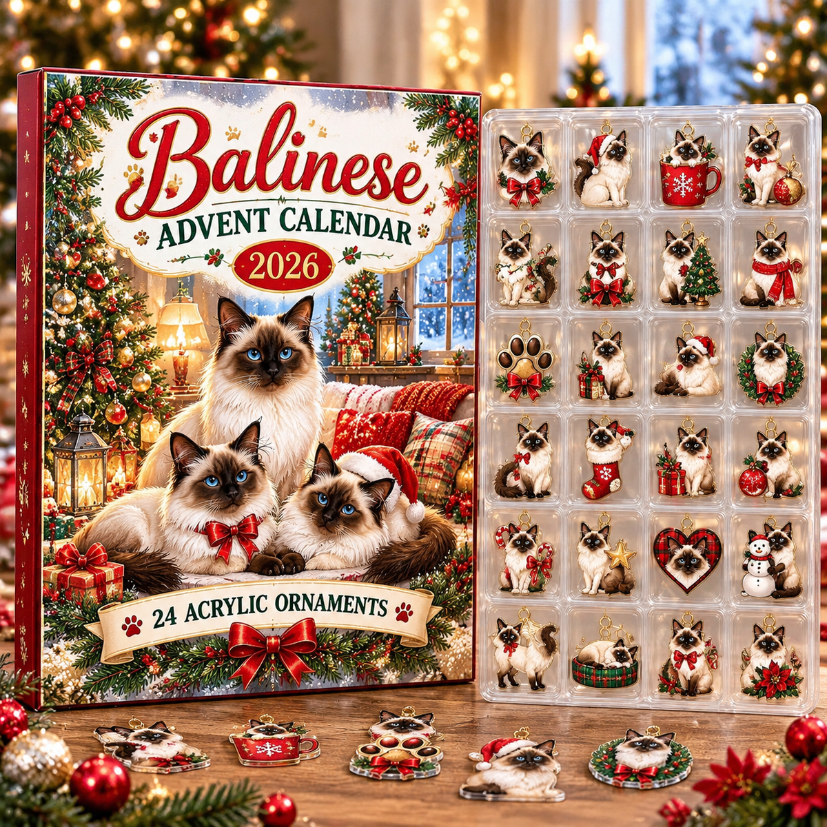 Balinese HG AI Advent Calendar  2026, 24 Acrylic Ornaments, Christmas Countdown Blind Box Gift for Cat Moms