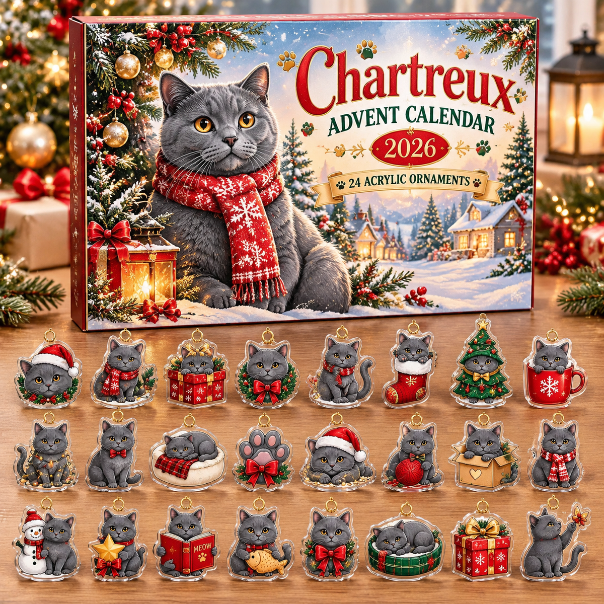 Chartreux HG AI Advent Calendar  2026, 24 Acrylic Ornaments, Christmas Countdown Blind Box Gift for Cat Lovers