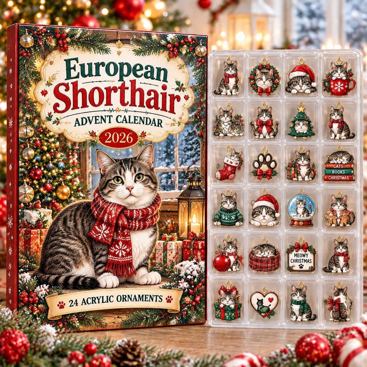 European Shorthair HG AI Advent Calendar  2026, 24 Acrylic Ornaments, Christmas Countdown Blind Box Gift for Cat Moms