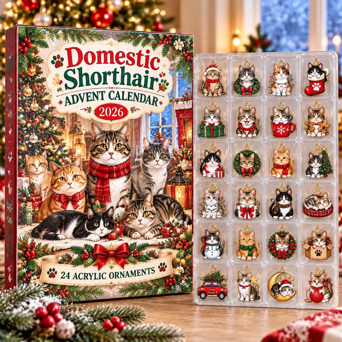 Domestic Shorthair HG AI Advent Calendar  2026, 24 Acrylic Ornaments, Christmas Countdown Blind Box Gift for Cat Lovers