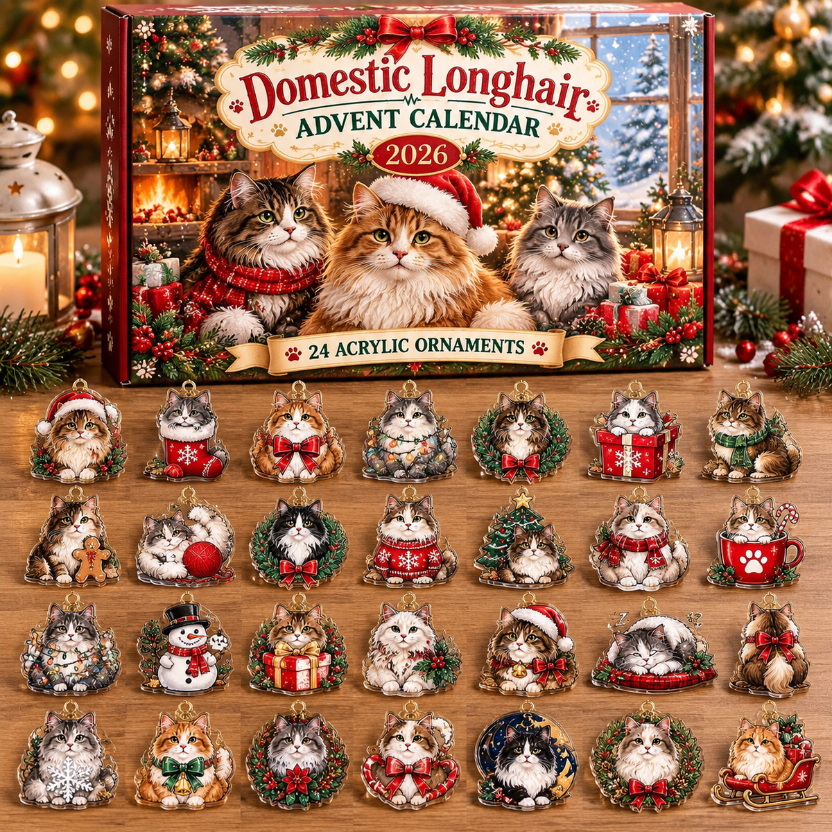 Domestic Longhair HG AI Advent Calendar  2026, 24 Acrylic Ornaments, Christmas Countdown Blind Box Gift for Cat Moms
