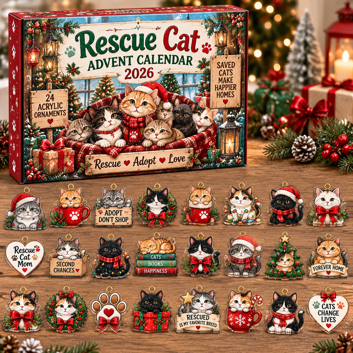 Rescue Cat HG AI Advent Calendar  2026, 24 Acrylic Ornaments, Christmas Countdown Blind Box Gift for Pet Parents