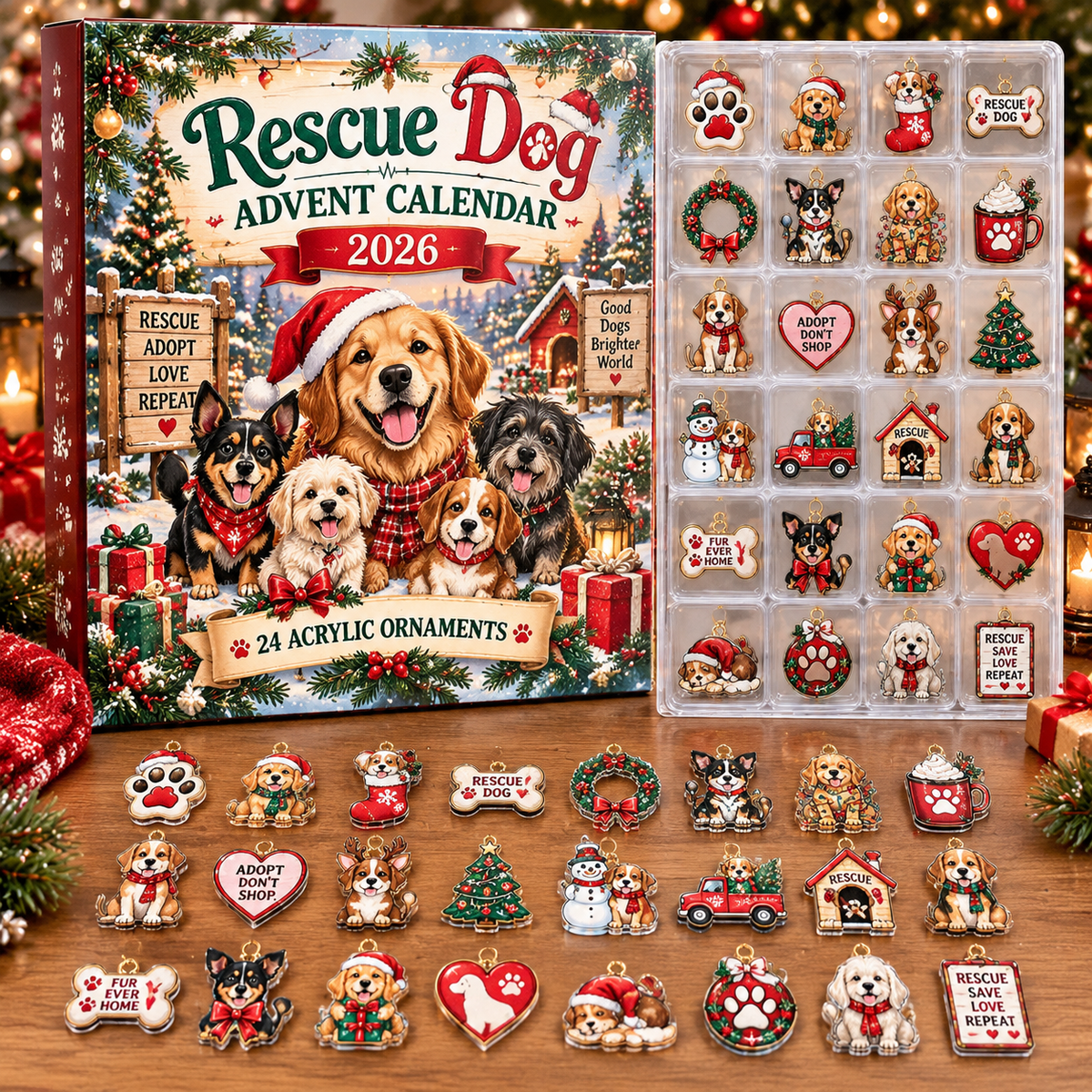 Rescue Dog HG AI Advent Calendar  2026, 24 Acrylic Ornaments, Christmas Countdown Blind Box Gift for Pet Parents
