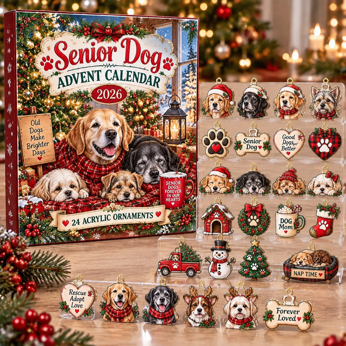 Senior Dog HG AI Advent Calendar  2026, 24 Acrylic Ornaments, Christmas Countdown Blind Box Gift for Animal Lovers