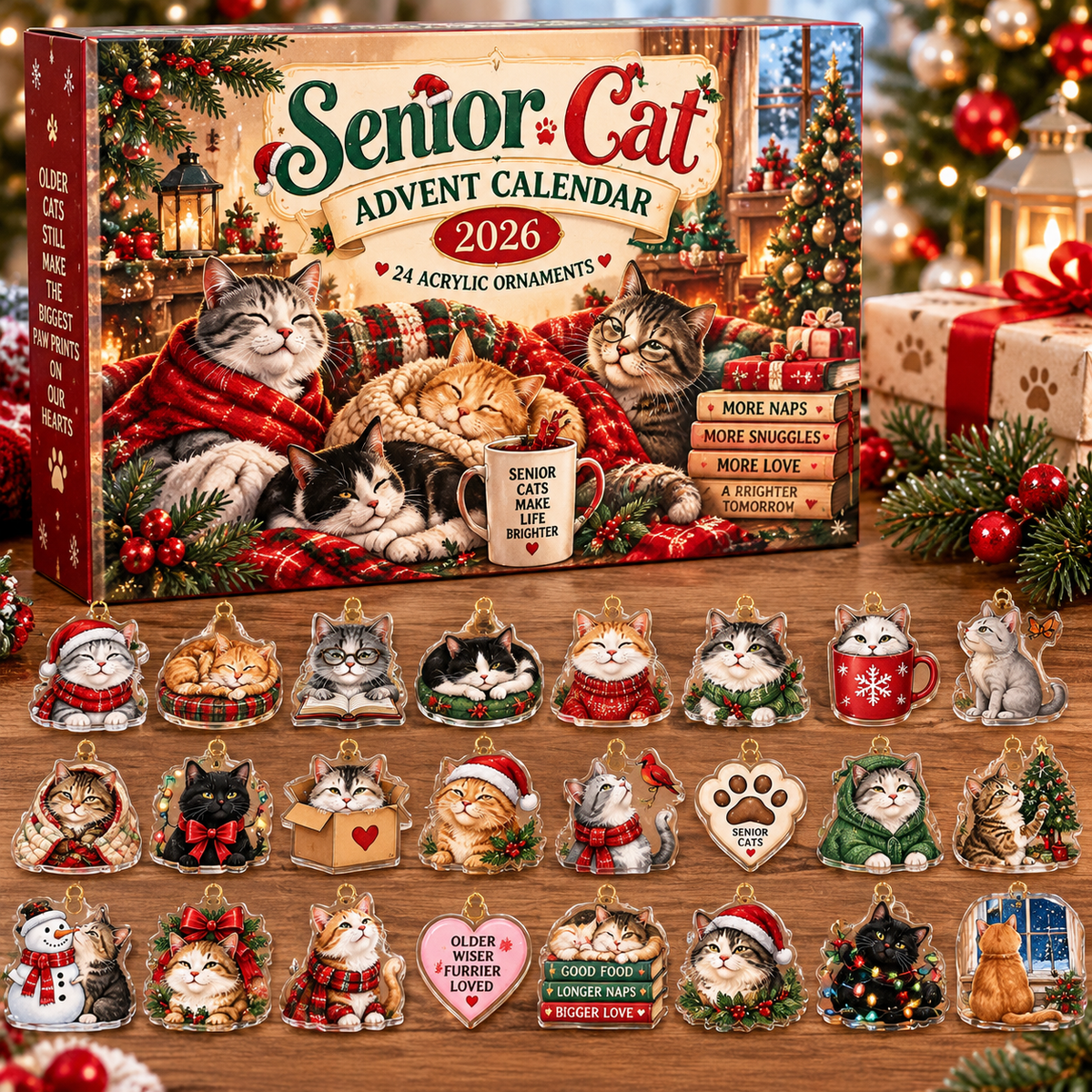 Senior Cat HG AI Advent Calendar  2026, 24 Acrylic Ornaments, Christmas Countdown Blind Box Gift for Pet Parents