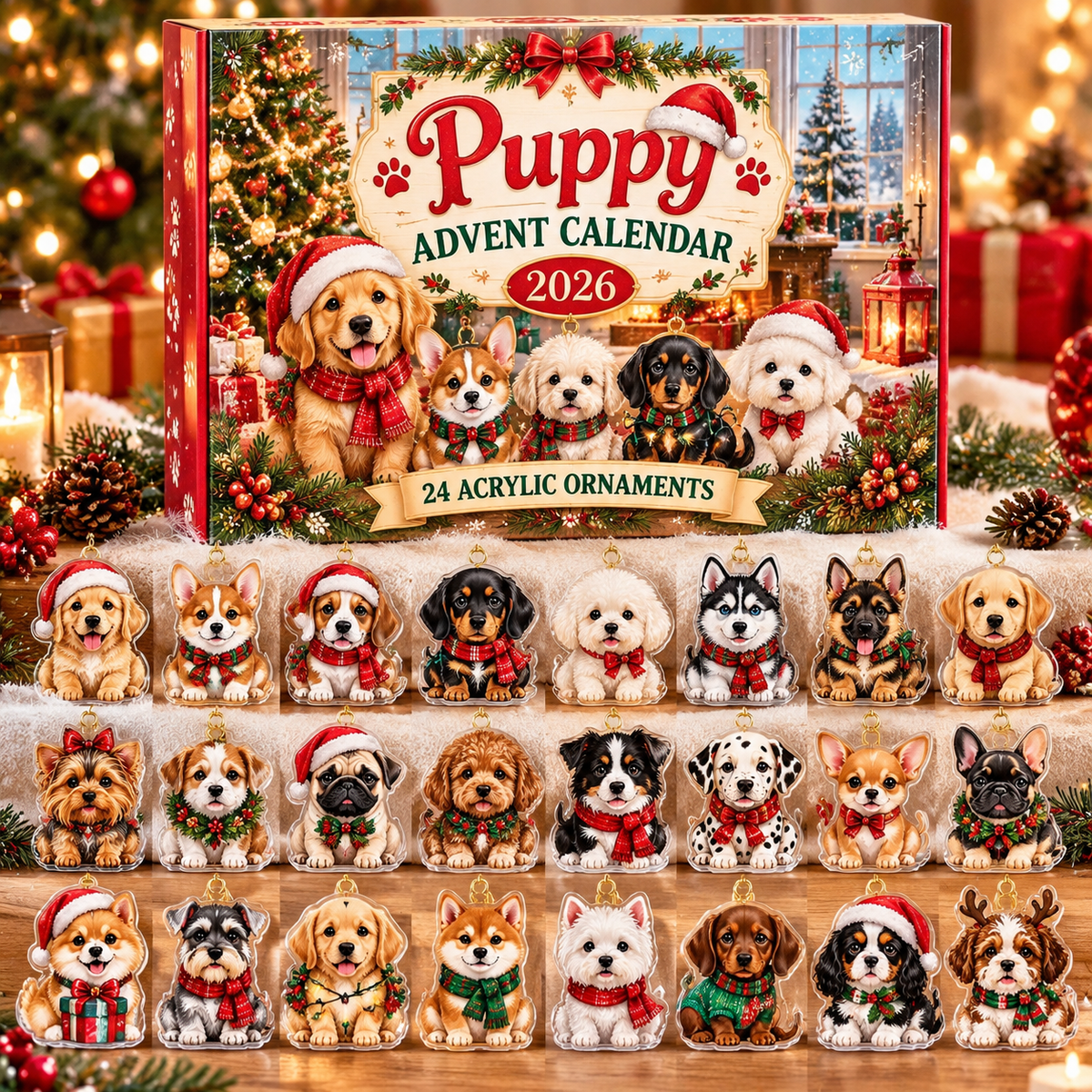 Puppy HG AI Advent Calendar  2026, 24 Acrylic Ornaments, Christmas Countdown Blind Box Gift for Dog Lovers