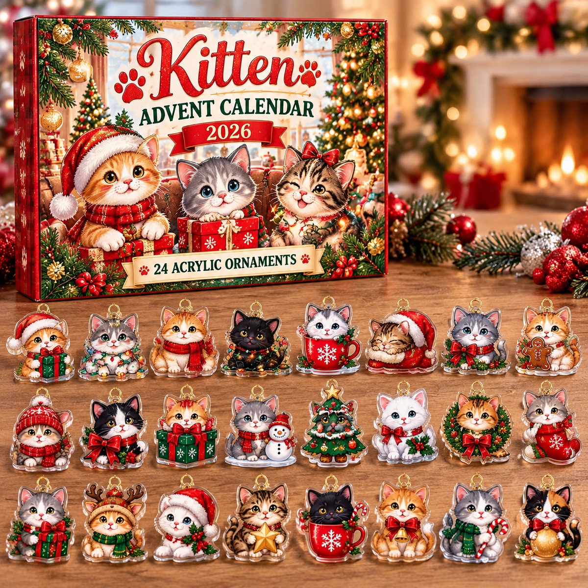 Kitten HG AI Advent Calendar  2026, 24 Acrylic Ornaments, Christmas Countdown Blind Box Gift for Cat Lovers